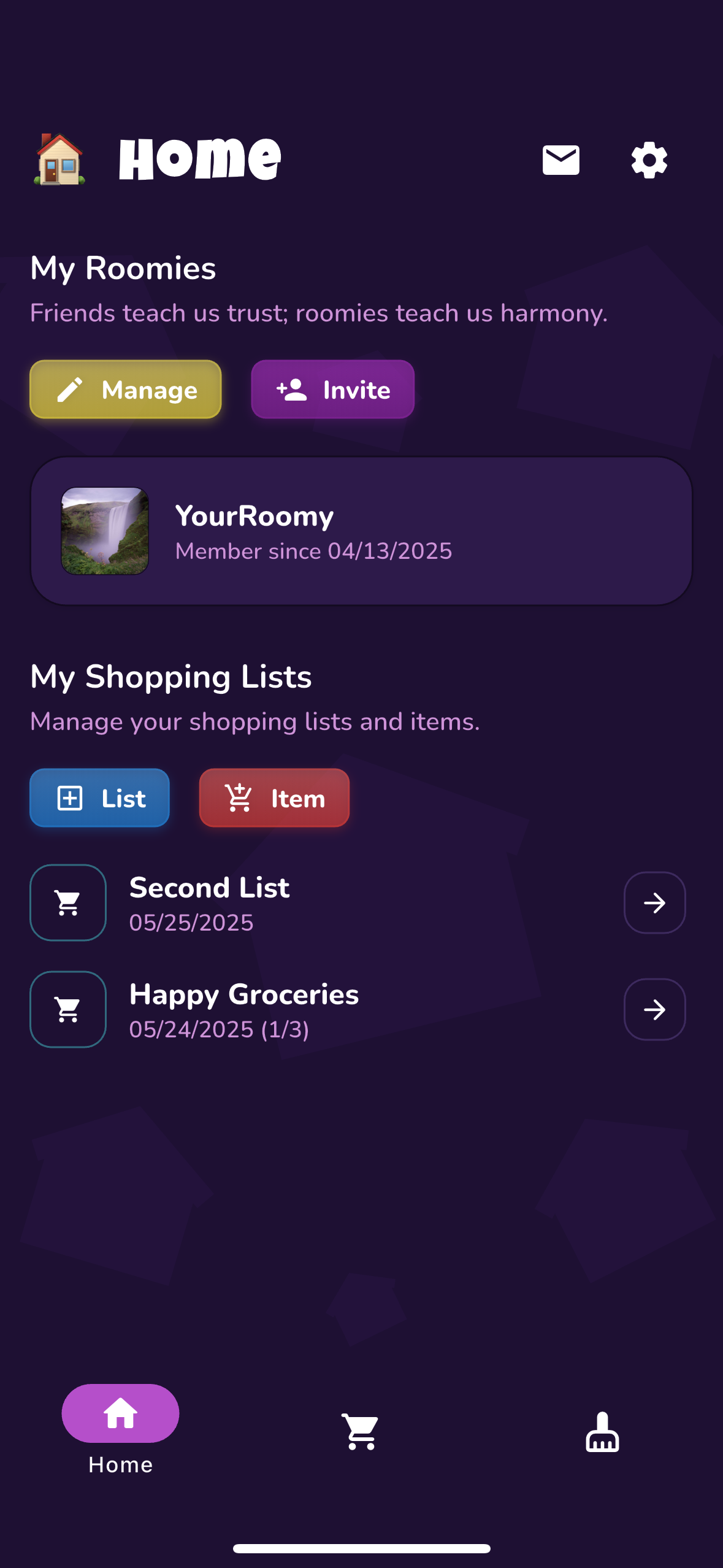 Roomy app home screen showing household management features